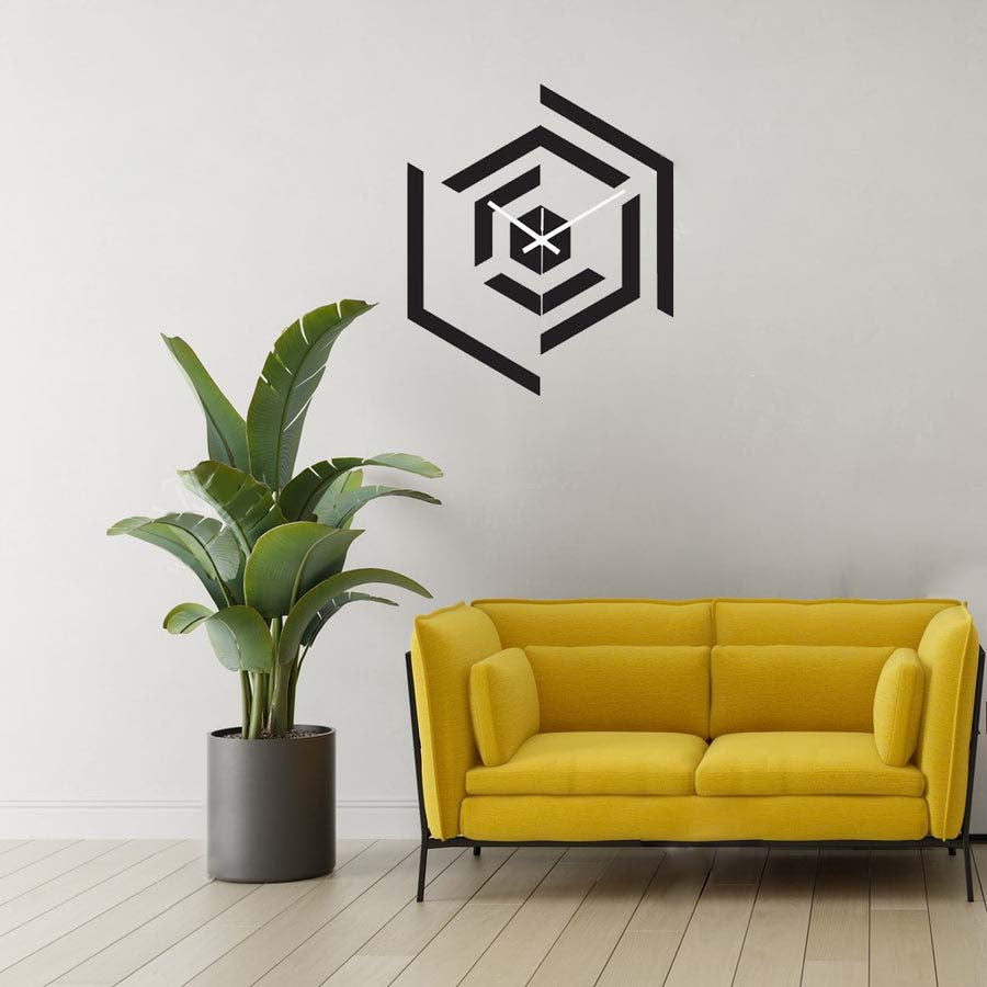 Modern Geometric Wall Clock in Stylish Living Room with Yellow Sofa & Indoor Plant